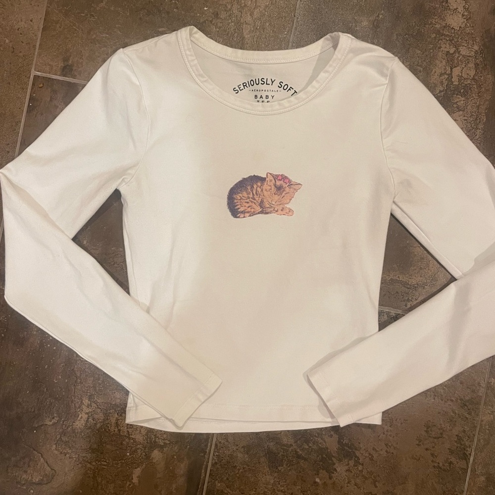 White Long Sleeve Cat Print Shirt